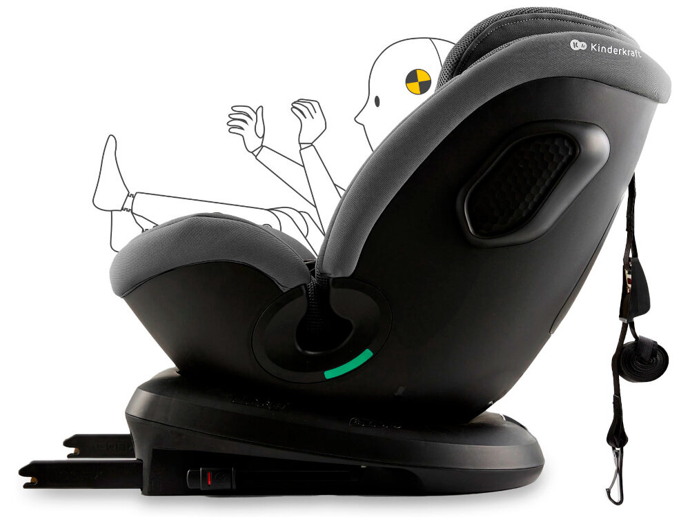 Fotelik samochodowy KINDERKRAFT Xpedition 3 I-Size 40-150 cm (0-22 kg) Szary fotelik na białym tle widoczny z boku zarys dziecka w foteliku system ISOFIX pas TOP TETHER stabilność podczas jazdy fotelik mocno łączy się z konstrukcją samochodu ISOFIX to łatwe i szybkie zamocowanie fotelika w samochodzie za pomocą zaczepów z uchwytami pas TOP TETHER dodatkowo stabilizuje fotelik