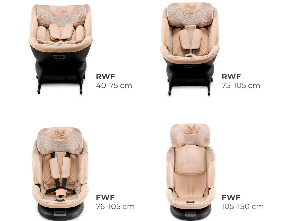 Fotelik samochodowy KINDERKRAFT Xpedition 3 I-Size 40-150 cm (0-22 kg) Beżowy cztery ujęcie fotelika obok napisy i oznaczony wzrost dziecka do danej pozycji fotelika system RECLINING pełen komfort jazdy w każdej podróży tyłem (RWF) i przodem (FWF) do kierunku jazdy 4 pozycje nachylenia dla dzieci o wzroście 40–75 cm możliwe jest ustawienie tyłem dzieci o wzroście 75–105 cm tyłem i przodem dzieci o wzroście 105–150 cm przodem