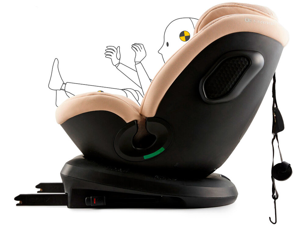 Fotelik samochodowy KINDERKRAFT Xpedition 3 I-Size 40-150 cm (0-22 kg) Beżowy fotelik na białym tle widoczny z boku zarys dziecka w foteliku system ISOFIX pas TOP TETHER stabilność podczas jazdy fotelik mocno łączy się z konstrukcją samochodu ISOFIX to łatwe i szybkie zamocowanie fotelika w samochodzie za pomocą zaczepów z uchwytami pas TOP TETHER dodatkowo stabilizuje fotelik