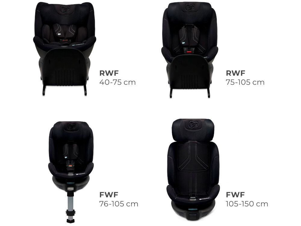 Fotelik samochodowy KINDERKRAFT Xrider 2 I-size 40-150 cm (0-21 kg) Czarny cztery ujęcie fotelika obok napisy i oznaczony wzrost dziecka do danej pozycji fotelika system RECLINING pełen komfort jazdy w każdej podróży tyłem (RWF) i przodem (FWF) do kierunku jazdy 4 pozycje nachylenia dla dzieci o wzroście 40–75 cm możliwe jest ustawienie tyłem dzieci o wzroście 75–105 cm tyłem i przodem dzieci o wzroście 105–150 cm przodem