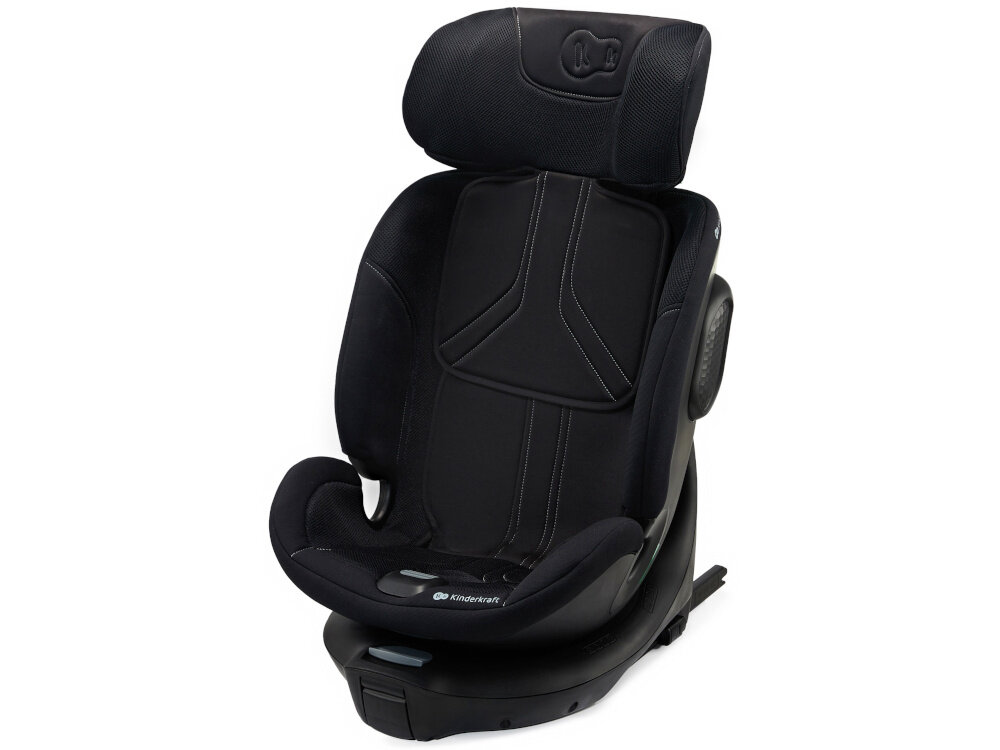 Fotelik samochodowy KINDERKRAFT Xrider 2 I-size 40-150 cm (0-21 kg) Czarny fotelik na białym tle widoczny od przodu pod skosem system bezpieczeństwa H-GUARD SYSTEM wielowarstwowy zagłówek z dodatkową pianką memory absorbuje energię uderzenia maluch będzie bezpieczny dla dzieci o wzroście od 40 do 150 cm