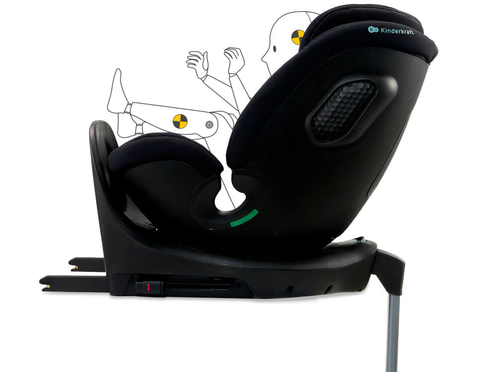 Fotelik samochodowy KINDERKRAFT Xrider 2 I-size 40-150 cm (0-21 kg) Czarny fotelik na białym tle widoczny z boku zarys dziecka w foteliku system ISOFIX skraca czas instalacji fotelika zmniejsza ryzyko błędnego zamocowania stopa stabilizująca redukuje ruchy fotelika stabilna pozycja siedziska