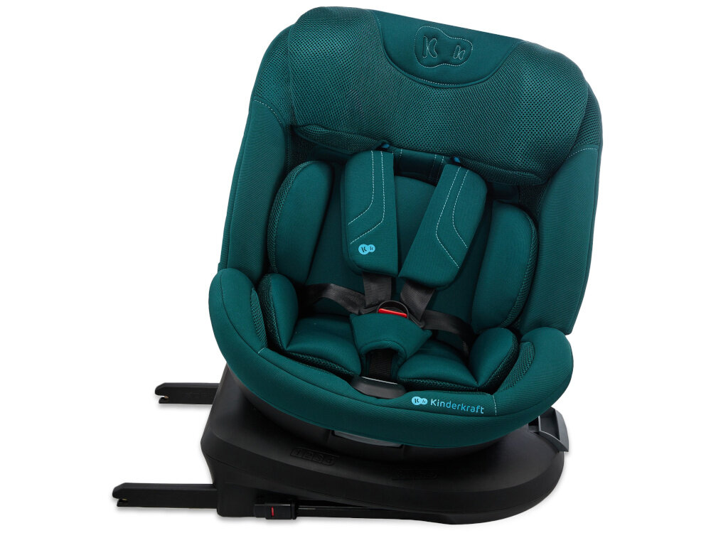 Fotelik samochodowy KINDERKRAFT Xpedition 3 I-Size 40-150 cm (0-22 kg) Zielony fotelik na białym tle widoczny od przodu pochylony na bazie 5-punktowe pasy bezpieczeństwa zabezpieczają dziecko podczas jazdy ochrona przed upadkiem pasy z miękkimi ochraniaczami bezpieczne dziecko zintegrowana baza scalona z fotelikiem łatwy i szybki montaż w samochodzie bezpieczeństwo dziecka