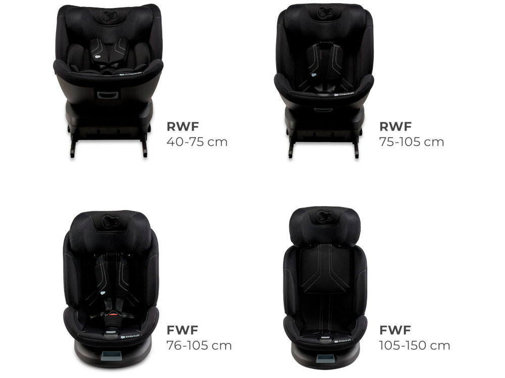 Fotelik samochodowy KINDERKRAFT Xpedition 3 I-Size 40-150 cm (0-22 kg) Czarny cztery ujęcie fotelika obok napisy i oznaczony wzrost dziecka do danej pozycji fotelika system RECLINING pełen komfort jazdy w każdej podróży tyłem (RWF) i przodem (FWF) do kierunku jazdy 4 pozycje nachylenia dla dzieci o wzroście 40–75 cm możliwe jest ustawienie tyłem dzieci o wzroście 75–105 cm tyłem i przodem dzieci o wzroście 105–150 cm przodem
