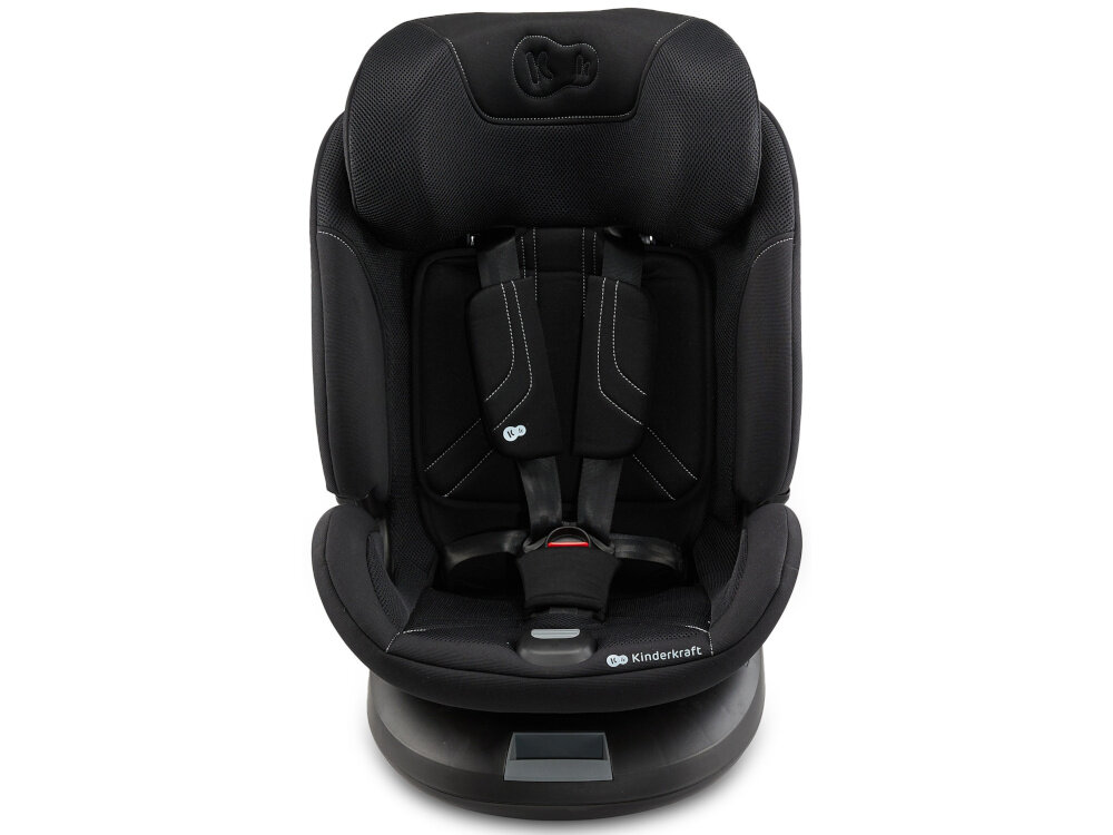 Fotelik samochodowy KINDERKRAFT Xpedition 3 I-Size 40-150 cm (0-22 kg) Czarny fotelik na białym tle widoczny od przodu wysoki standard bezpieczeństwa system SPS+ (SIDE PROTECT SYSTEM) wzmocnione osłony boczne ochrona ramion i kręgosłupa fotelik pochłonie większą energię podczas potencjalnego uderzenia bezpieczeństwo