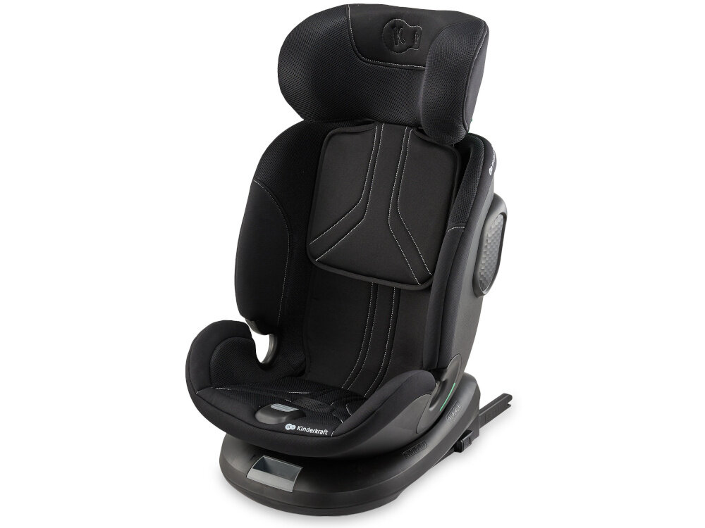 Fotelik samochodowy KINDERKRAFT Xpedition 3 I-Size 40-150 cm (0-22 kg) Czarny fotelik na białym tle widoczny od przodu pod skosem system bezpieczeństwa H-GUARD SYSTEM wielowarstwowy zagłówek z dodatkową pianką memory absorbuje energię uderzenia maluch będzie bezpieczny dla dzieci o wzroście od 40 do 150 cm