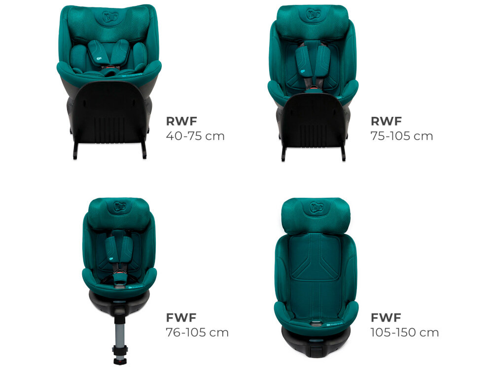 Fotelik samochodowy KINDERKRAFT Xrider 2 I-size 40-150 cm (0-21 kg) Zielony cztery ujęcie fotelika obok napisy i oznaczony wzrost dziecka do danej pozycji fotelika system RECLINING pełen komfort jazdy w każdej podróży tyłem (RWF) i przodem (FWF) do kierunku jazdy 4 pozycje nachylenia dla dzieci o wzroście 40–75 cm możliwe jest ustawienie tyłem dzieci o wzroście 75–105 cm tyłem i przodem dzieci o wzroście 105–150 cm przodem