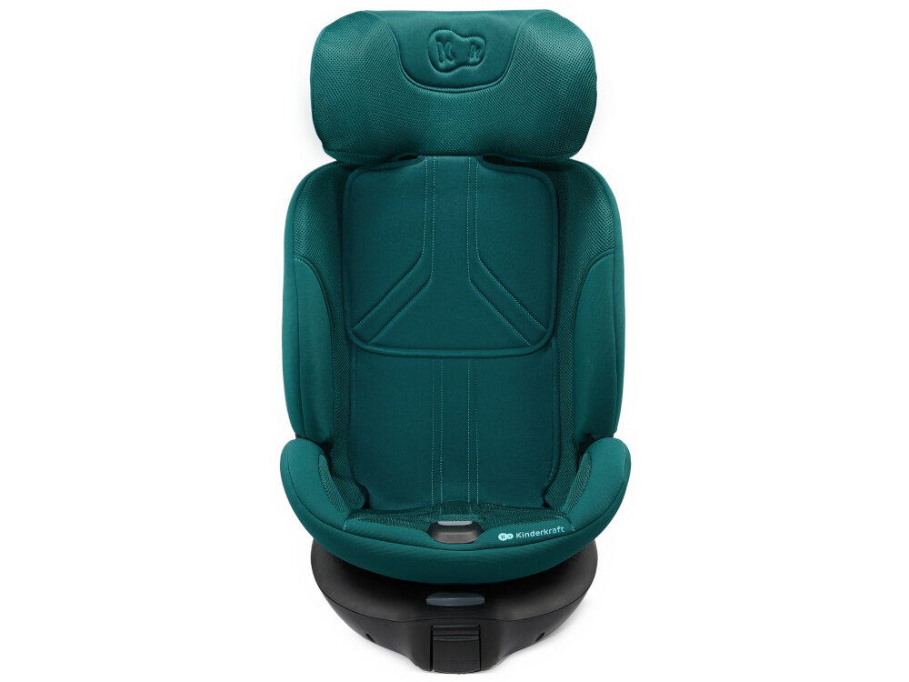 Fotelik samochodowy KINDERKRAFT Xrider 2 I-size 40-150 cm (0-21 kg) Zielony fotelik na białym tle widoczny od przodu system EASY GROW 11-stopniowa regulacja zagłówka w zakresie od 56 do 80 cm można dopasować wysokość do wzrostu malucha rozbudowany zakres regulacji wspiera ochronę głowy i szyi