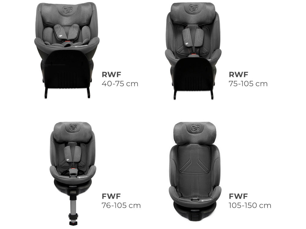 Fotelik samochodowy KINDERKRAFT Xrider 2 I-size 40-150 cm (0-21 kg) Szary cztery ujęcie fotelika obok napisy i oznaczony wzrost dziecka do danej pozycji fotelika system RECLINING pełen komfort jazdy w każdej podróży tyłem (RWF) i przodem (FWF) do kierunku jazdy 4 pozycje nachylenia dla dzieci o wzroście 40–75 cm możliwe jest ustawienie tyłem dzieci o wzroście 75–105 cm tyłem i przodem dzieci o wzroście 105–150 cm przodem