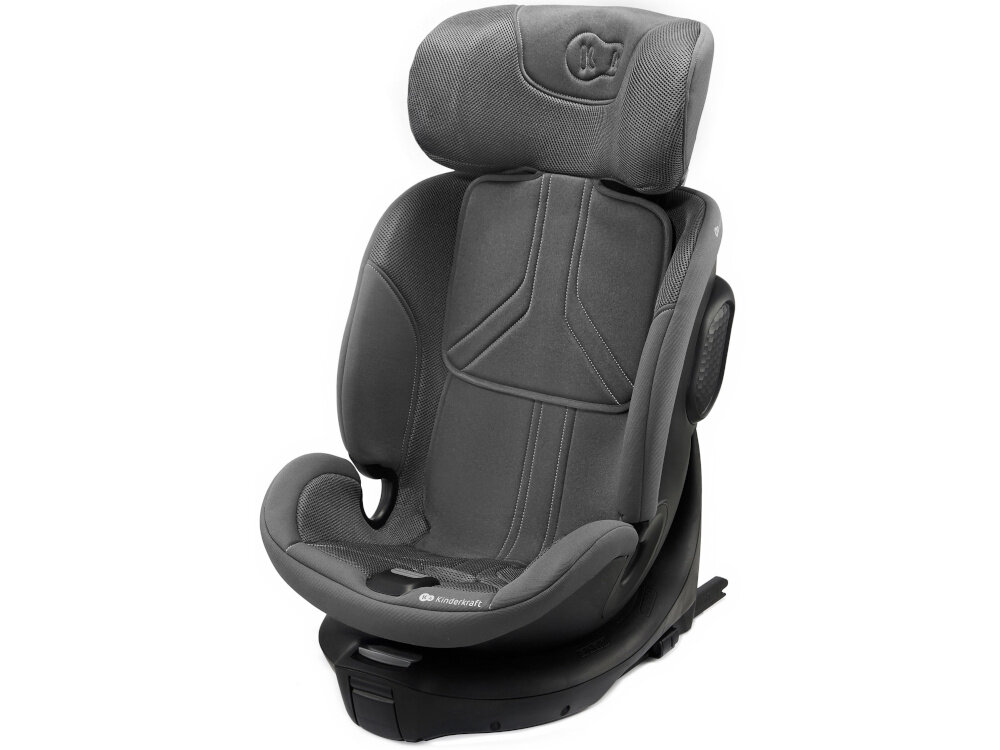Fotelik samochodowy KINDERKRAFT Xrider 2 I-size 40-150 cm (0-21 kg) Szary fotelik na białym tle widoczny od przodu pod skosem system bezpieczeństwa H-GUARD SYSTEM wielowarstwowy zagłówek z dodatkową pianką memory absorbuje energię uderzenia maluch będzie bezpieczny dla dzieci o wzroście od 40 do 150 cm