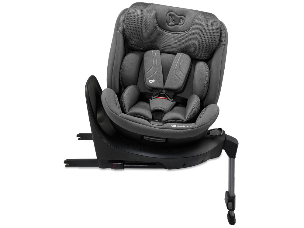 Fotelik samochodowy KINDERKRAFT Xrider 2 I-size 40-150 cm (0-21 kg) Szary fotelik na białym tle widoczny od przodu pochylony na bazie 5-punktowe pasy bezpieczeństwa zabezpieczają dziecko podczas jazdy ochrona przed upadkiem pasy z miękkimi ochraniaczami bezpieczne dziecko zintegrowana baza scalona z fotelikiem łatwy i szybki montaż w samochodzie bezpieczeństwo dziecka