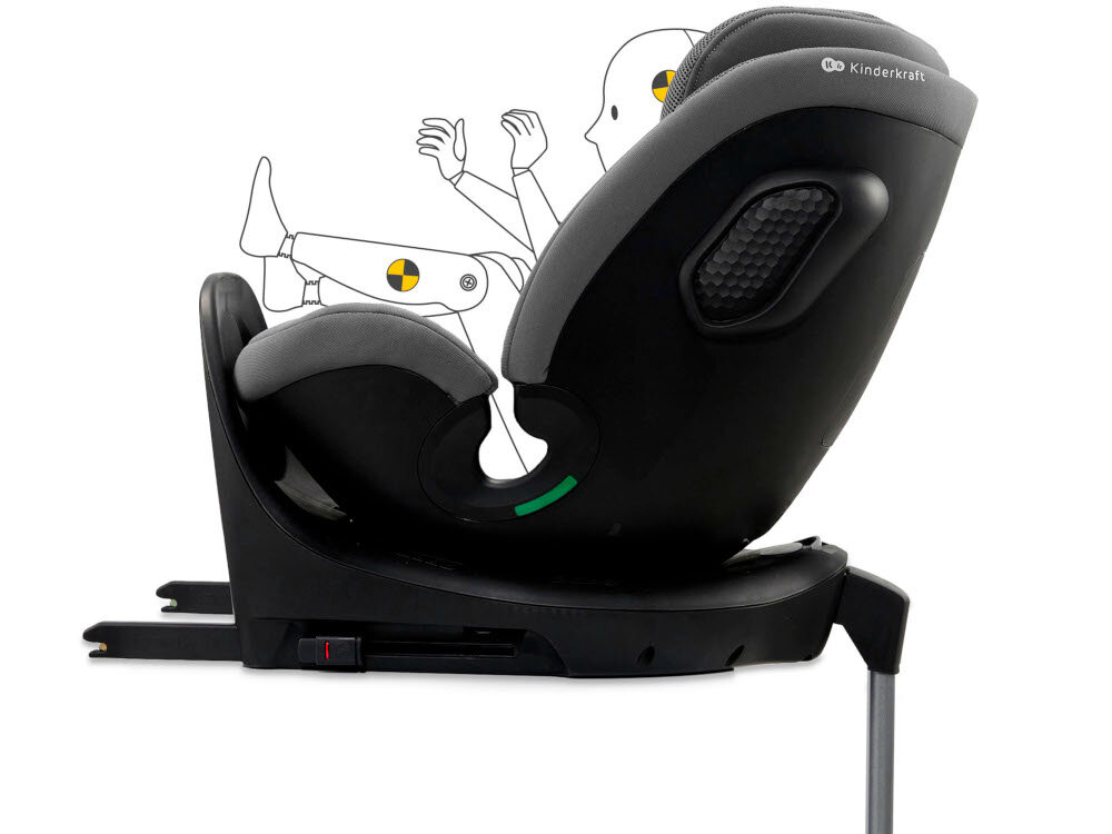 Fotelik samochodowy KINDERKRAFT Xrider 2 I-size 40-150 cm (0-21 kg) Szary fotelik na białym tle widoczny z boku zarys dziecka w foteliku system ISOFIX skraca czas instalacji fotelika zmniejsza ryzyko błędnego zamocowania stopa stabilizująca redukuje ruchy fotelika stabilna pozycja siedziska