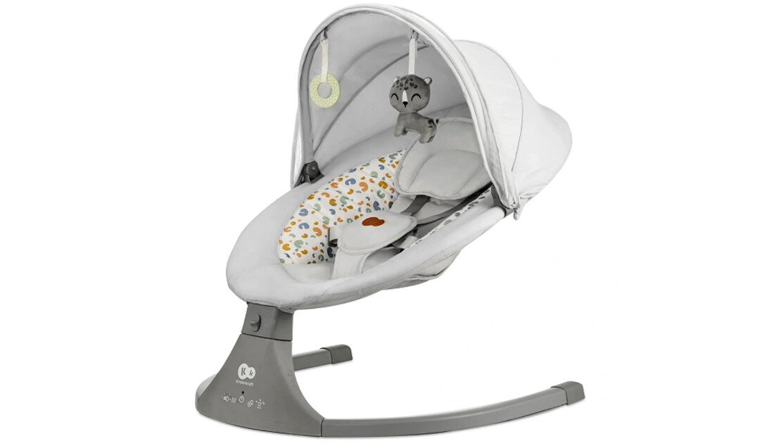 Bujaczek KINDERKRAFT Lumi 2 Jasnoszary Muzyka i akcesoria Funkcja Bluetooth odtworzyć ulubioną muzykę z telefonu Pałąk z dwoma zabawkami rozwój motoryki Daszek z moskitierą