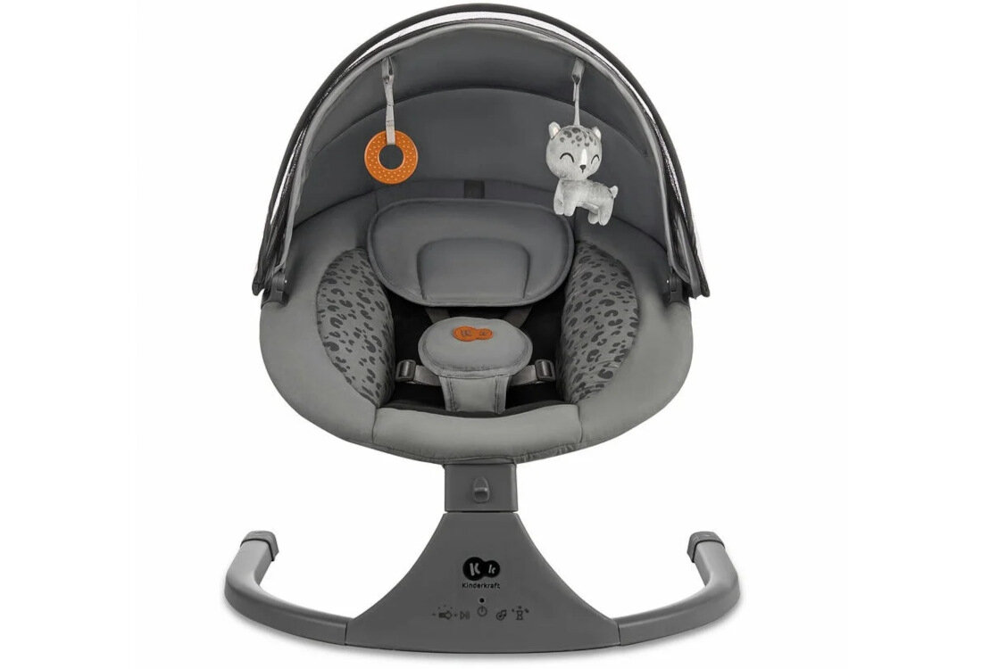 Bujaczek KINDERKRAFT Lumi 2 Ciemnoszary Muzyka i akcesoria Funkcja Bluetooth odtworzyć ulubioną muzykę z telefonu Pałąk z dwoma zabawkami rozwój motoryki Daszek z moskitierą