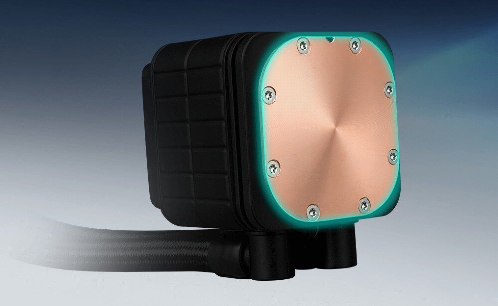 Chłodzenie wodne ASUS Prime LC 240 ARGB Miedziana podstawa bloku wodnego z widocznymi śrubami montażowymi, podstawa, radiator