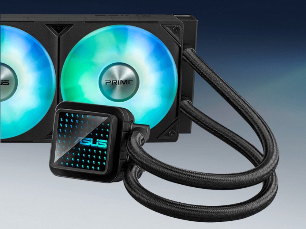 Chłodzenie wodne ASUS Prime LC 240 ARGB Chłodzenie wodne z podświetlanym logo 'ASUS' i dwoma wentylatorami z kolorowym podświetleniem, wygląd, styl, podświetlenie