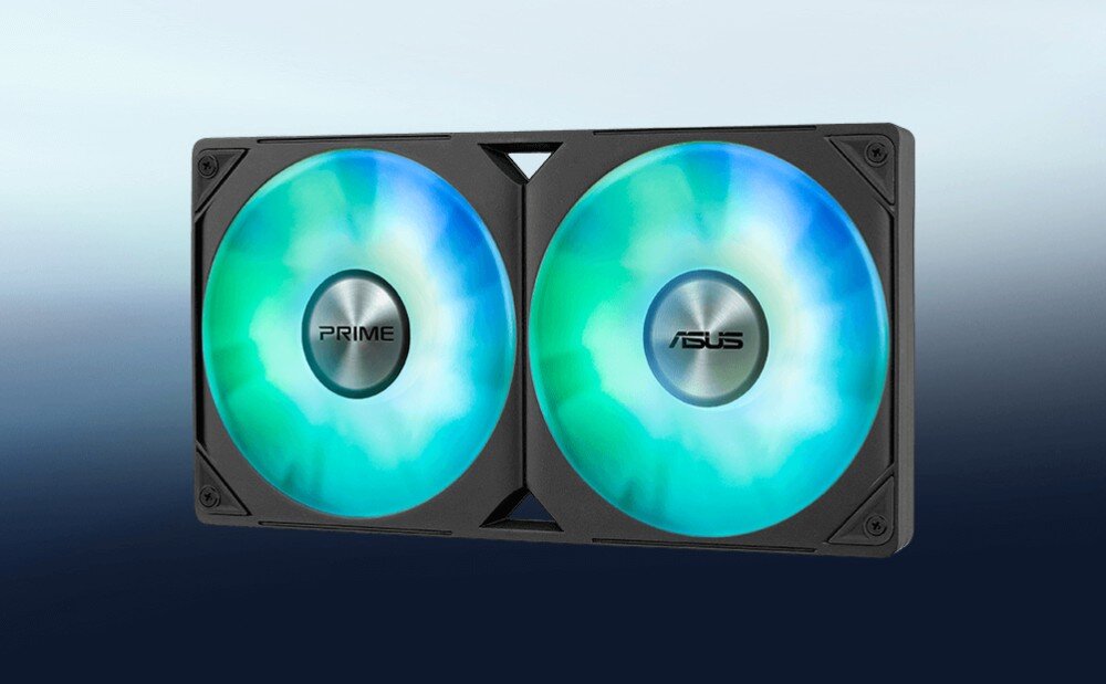 Chłodzenie wodne ASUS Prime LC 240 ARGB Trzy wentylatory z kolorowym podświetleniem, z logo 'ASUS' i 'PRIME' na środku, wentylatory, chłodzenie