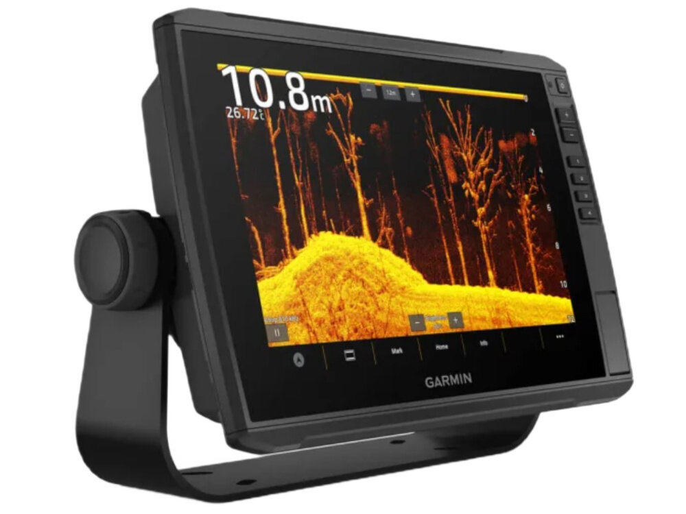 Echosonda wędkarska GARMIN Echomap Ultra 2 102SV z GPS i przetwornikiem GT56UHD-TM urządzenie na białym tle widoczne pod skosem skanowanie dna szczegółowe informacje o strukturze terenu pod wodą technologia przetwornika GT56UHD-TM obrazy wysokiej jakości lokalizacja ławic ryb i przeszkód obsługa częstotliwości 260/455/800/1000/1200 kHz monitorowanie płytkich i głębokich akwenów