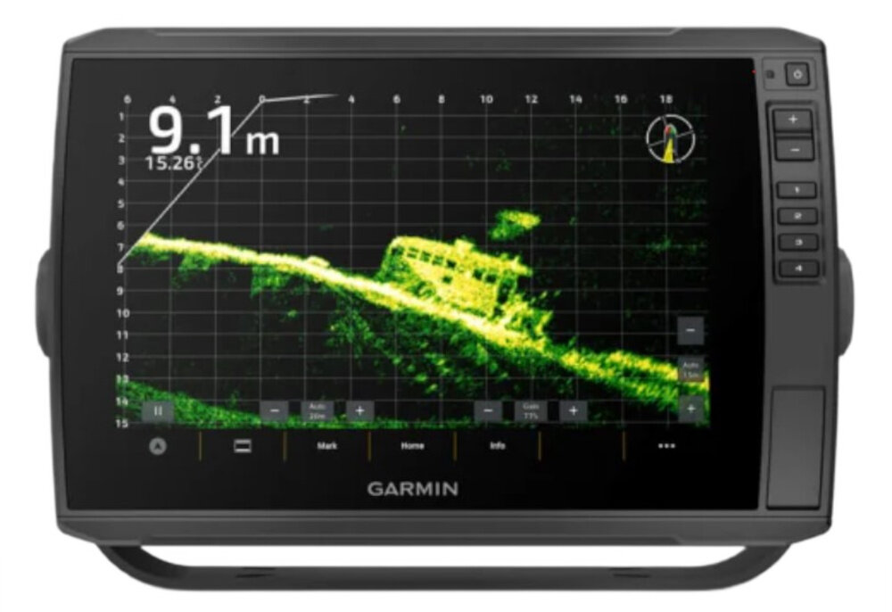 Echosonda wędkarska GARMIN Echomap Ultra 2 102SV z GPS i przetwornikiem GT56UHD-TM urządzenie na białym tle widoczne od przodu wyświetlacz WXGA IPS o przekątnej 10 cali i rozdzielczości 1280 × 800 pikseli dotykowy ekran intuicyjna obsługa przyciski