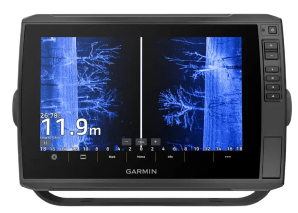 Echosonda wędkarska GARMIN Echomap Ultra 2 102SV z GPS i przetwornikiem GT56UHD-TM urządzenie na białym tle widoczne od przodu funkcje ClearVü SideVü i LiveScope realistycznych obrazów otoczenia podwodnego wbudowana jednokanałowa częstotliwość CHIRP szerokopasmowa technologia do analizy toni wodnej na głębokości do 244 metrów praca w zakresie częstotliwości 70/83/200 kHz skuteczne wykrywanie ryb identyfikator symbolu ryby