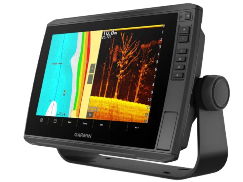Echosonda wędkarska GARMIN Echomap Ultra 2 102SV z GPS i przetwornikiem GT56UHD-TM urządzenie na białym tle widoczne pod skosem moduł Wi-Fi ANT+ porty NMEA 2000 i Garmin Marine Network synchronizację z innymi systemami nawigacyjnymi i czujnikami aplikacja ActiveCaptain zarządzanie bezprzewodowe aktualizowanie map