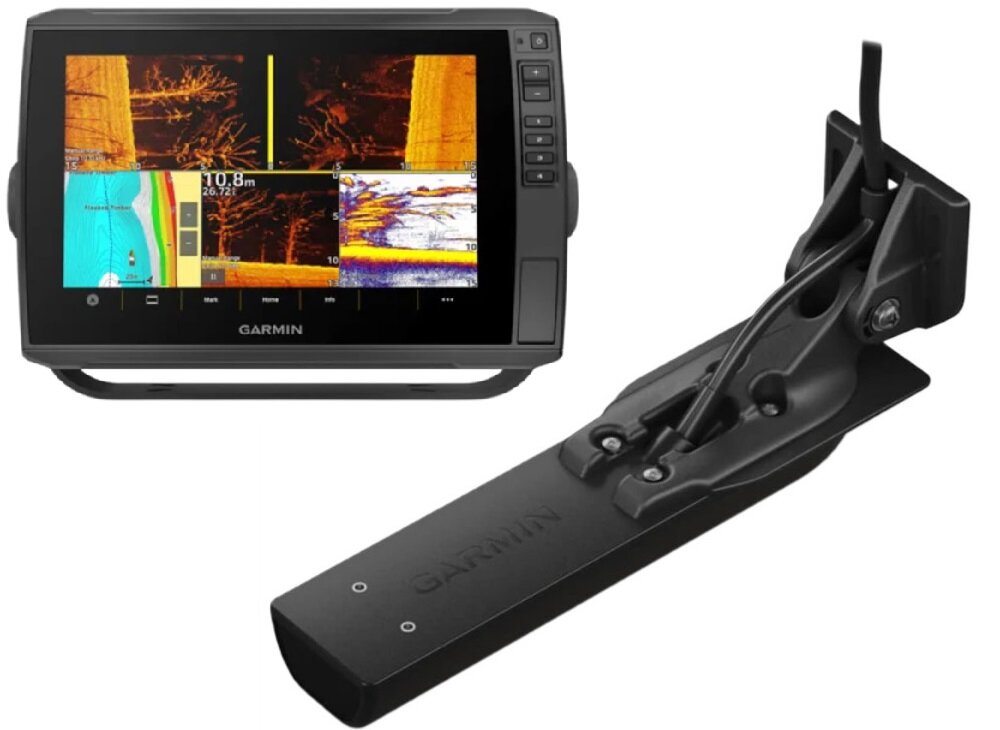 Echosonda wędkarska GARMIN Echomap Ultra 2 102SV z GPS i przetwornikiem GT56UHD-TM urządzenie na białym tle z uchwytem uchwyt uchylny z mechanizmem szybkiego odłączania osłona ochronna możliwość montażu na uchwycie pałąkowym lub wpuszczanym