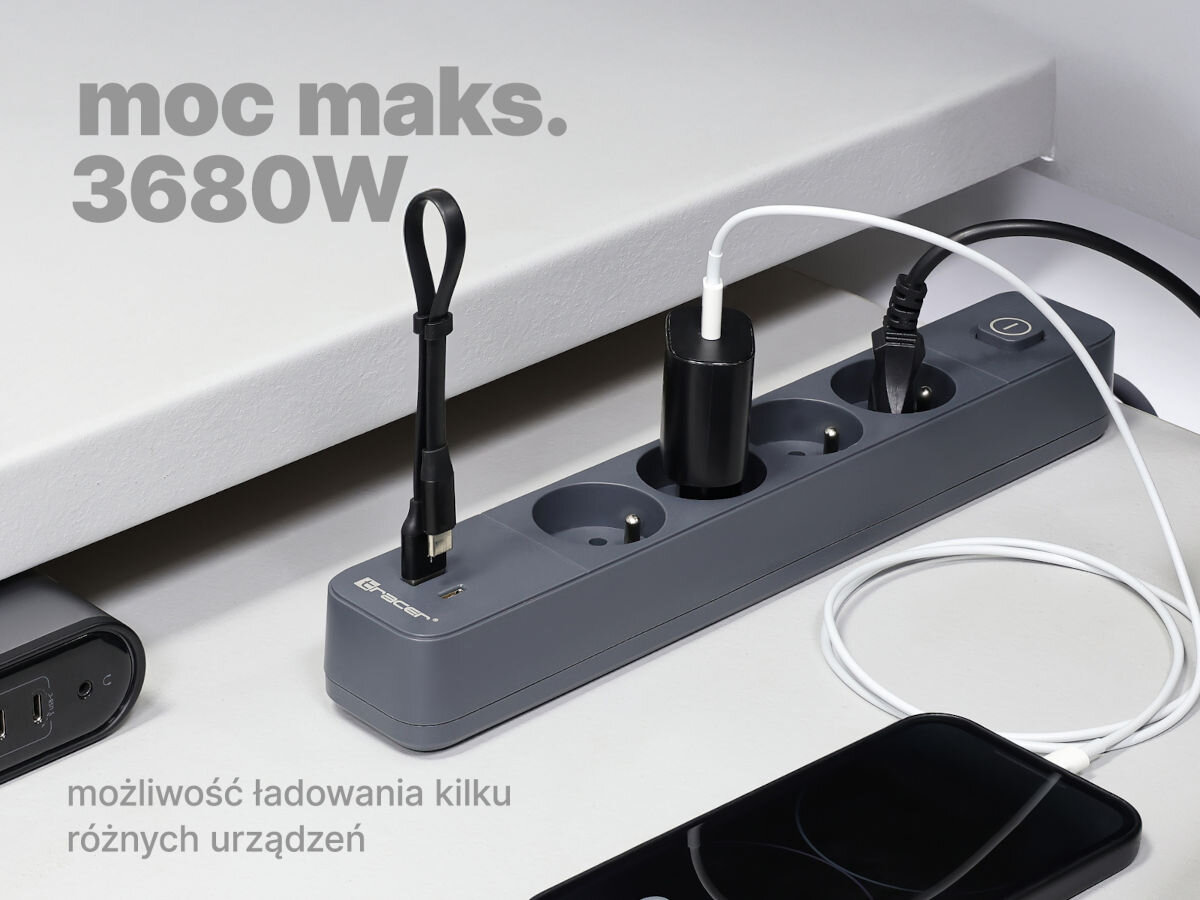 Listwa zasilająca TRACER TRALIS47555 (1.5 m) Grafitowy napis moc maksymalna 3680 w możliwość ładowania kilku urządzeń