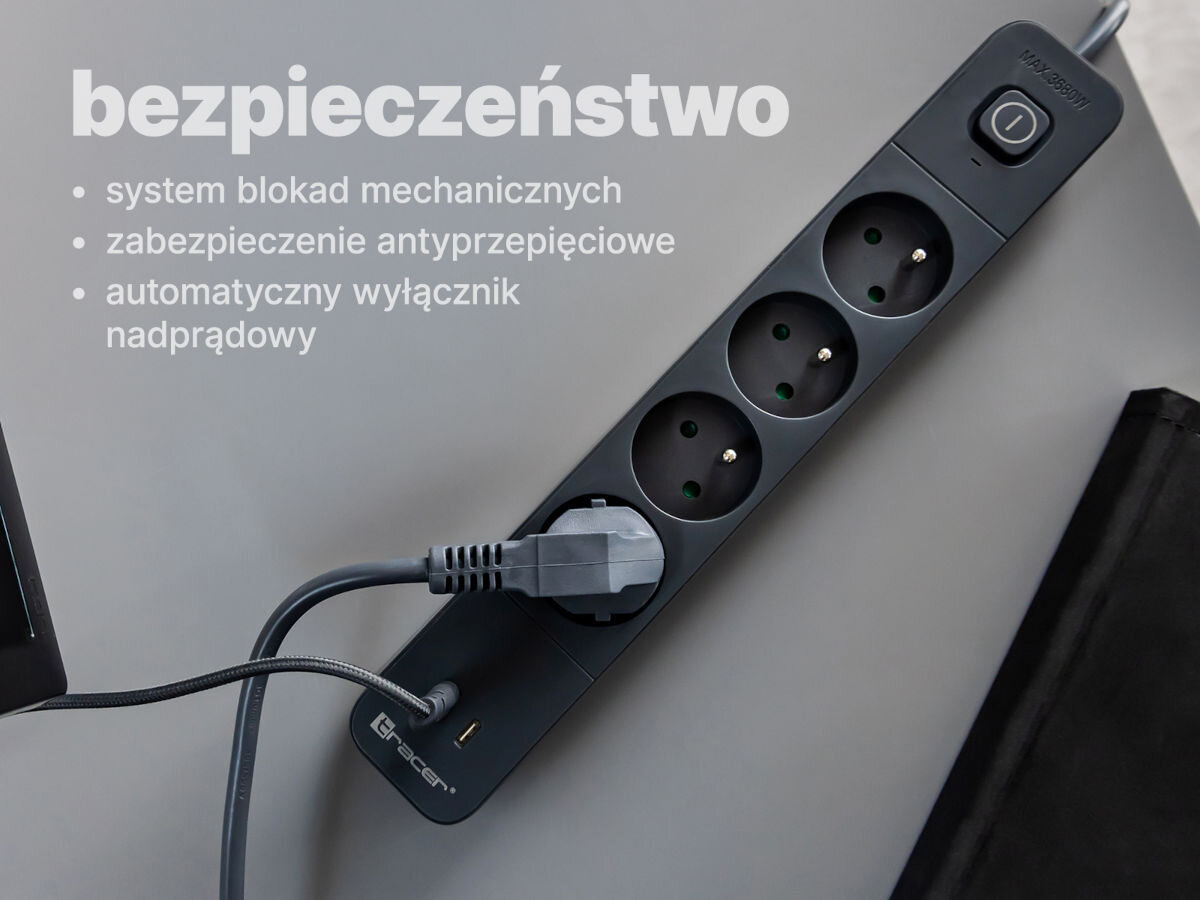 Listwa zasilająca TRACER TRALIS47555 (1.5 m) Grafitowy napis bezpieczeństwo system blokad mechanicznych zabezpieczenie antyprzepięciowe automatyczny wyłącznik nadprądowy