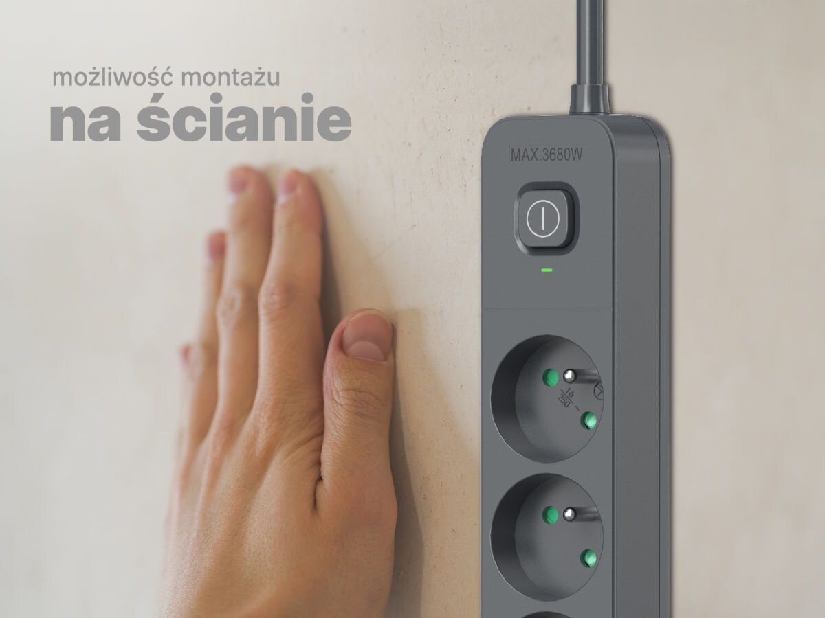 Listwa zasilająca TRACER TRALIS47555 (1.5 m) Grafitowy napis możliwość montażu na ścianie