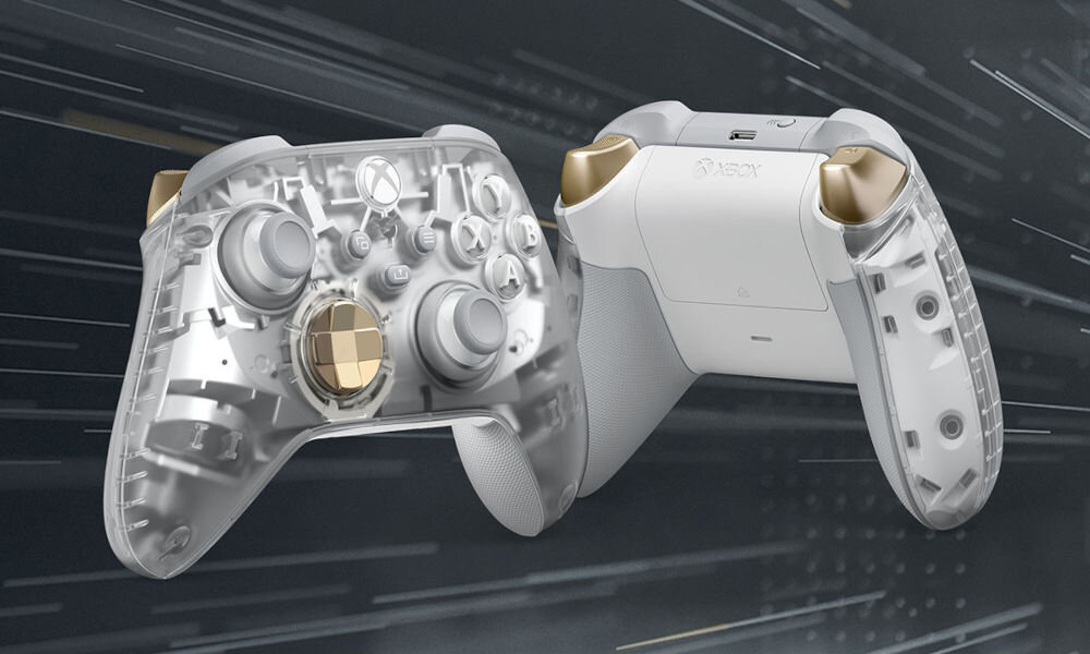 Kontroler MICROSOFT bezprzewodowy Xbox Wersja specjalna - Ghost Cipher kontroler pad na ciemnym tle wersja specjalna przezroczysta obudowa srebrne wnętrze metaliczne elementy solidność wygoda kompatybilność xbox s x pc urządzenia mobilne