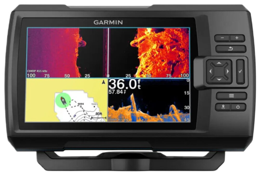 Echosonda wędkarska GARMIN Striker Vivid 7SV z GPS i przetwornikiem GT52HW-TM echosonda na białym tle 7-calowym ekranem obserwować ukształtowanie dna ryby znajdujące się pod wodą obiekty Palety kolorystyczne Vivid łatwo ocenić strukturę łowiska