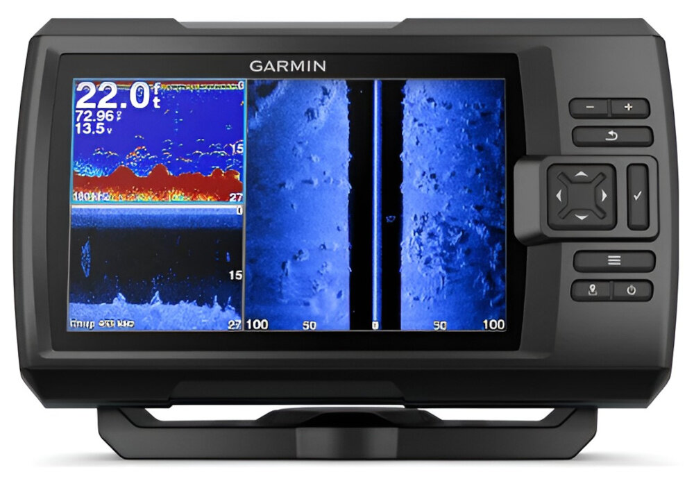 Echosonda wędkarska GARMIN Striker Vivid 7SV z GPS i przetwornikiem GT52HW-TM echosonda na białym tle przetwornik GT52HW-TM Garmin CHIRP skanowaniem CHIRP ClearVü i CHIRP SideVü Obsługa częstotliwości 50/77/200 260/455/800 kHz