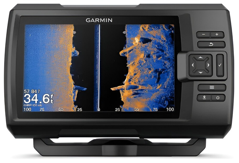 Echosonda wędkarska GARMIN Striker Vivid 9SV z GPS i przetwornikiem GT52HW-TM echosonda na białym tle Funkcja Garmin Quickdraw Contours mapy batymetryczne na podstawie danych zbieranych podczas pływania do 8000 km² z izobatami co 30 cm