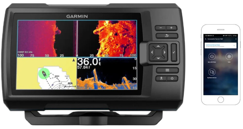 Echosonda wędkarska GARMIN Striker Vivid 9SV z GPS i przetwornikiem GT52HW-TM echosonda na białym tle obok telefon Wbudowane Wi-Fi aplikacją Garmin ActiveCaptain społeczności Garmin Quickdraw powiadomienia z telefonu informacje o aktualizacjach oprogramowania