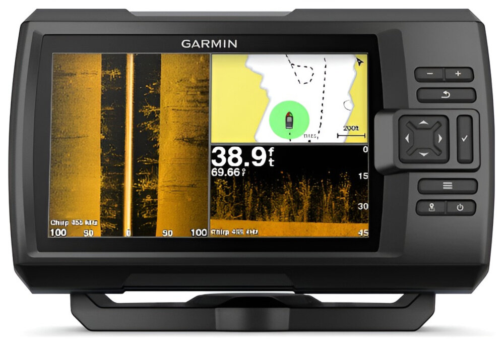 Echosonda wędkarska GARMIN Striker Vivid 9SV z GPS i przetwornikiem GT52HW-TM echosonda na białym tle Obudowa o klasie wodoszczelności IPX7 Wymiary 28,2 x 16,5 x 6 cm waga 1100 g