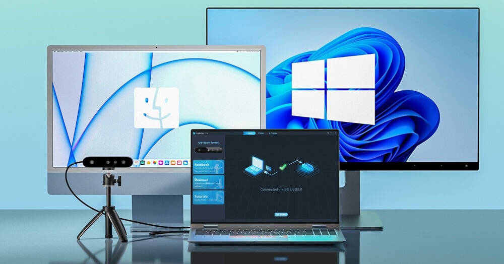 Skaner 3D CREALITY CR-Scan Ferret SE pokazanie urządzenia z monitorami i laptopem z kompatybilnym środowiskiem w tle niebieski gradient kompatybilność Windows macOS formaty plików