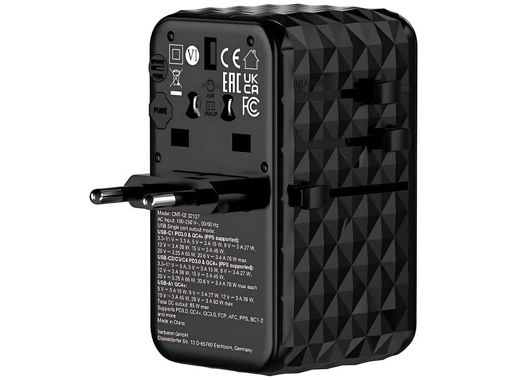 Adapter podróżny Verbatim EU/UK/US GaN CNT-02 Czarny uniwersalny wtyczka międzynarodowy narzędzie