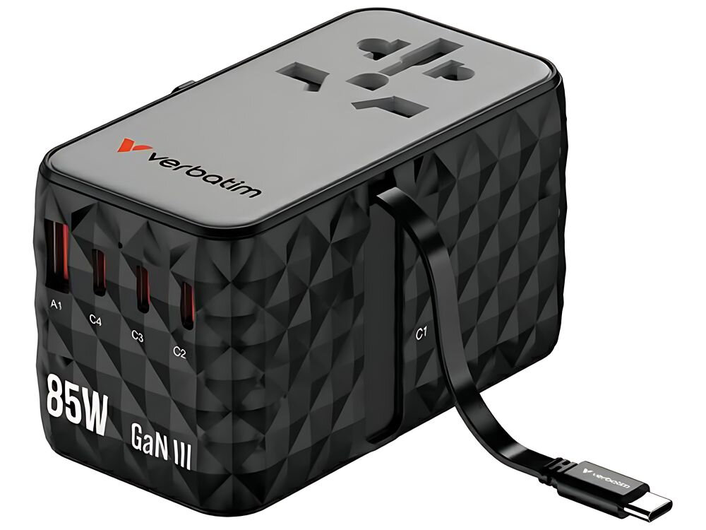 Adapter podróżny Verbatim EU/UK/US GaN CNT-02 Czarny mniejszy lżejszy energooszczędny kompaktowy