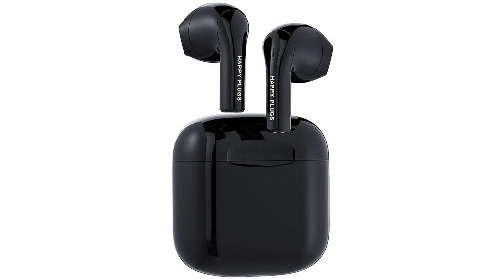 Słuchawki douszne HAPPY PLUGS Joy - Dźwięk przez cały dzień, Słuchawki z etui ładującym na białym tle