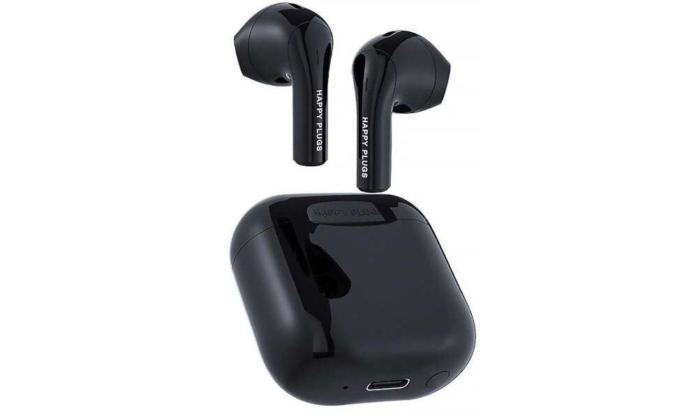 Słuchawki douszne HAPPY PLUGS Joy - Ekspresowe ładowanie, Słuchawki z etui ładującym na białym tle