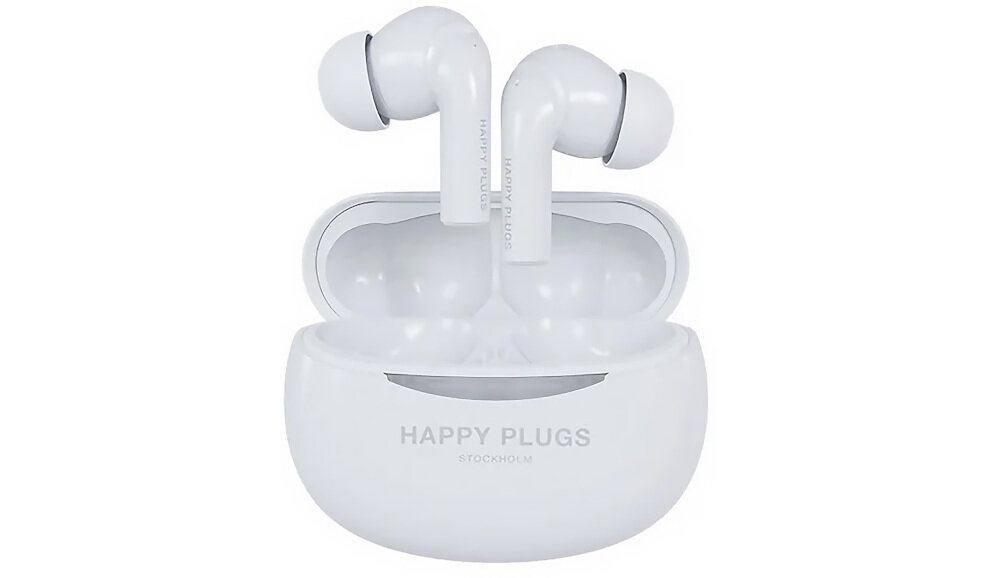 Słuchawki dokanałowe HAPPY PLUGS Joy Pro - Dźwięk dla gracza i sportowca, słuchawki z etui ładującym na białym tle