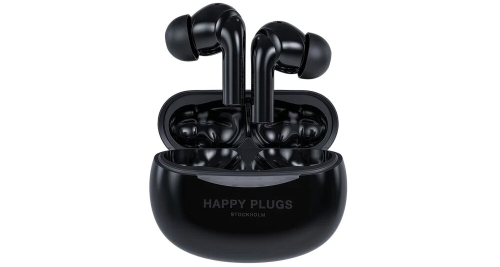 Słuchawki dokanałowe HAPPY PLUGS Joy Pro - Współpraca z głosem, słuchawki z etui ładującym na białym tle