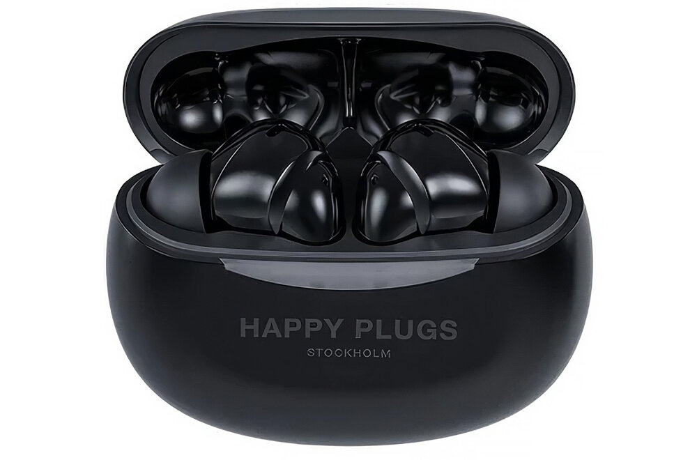 Słuchawki dokanałowe HAPPY PLUGS Joy Pro - Automatyczne połączenie, słuchawki z etui ładującym na białym tle