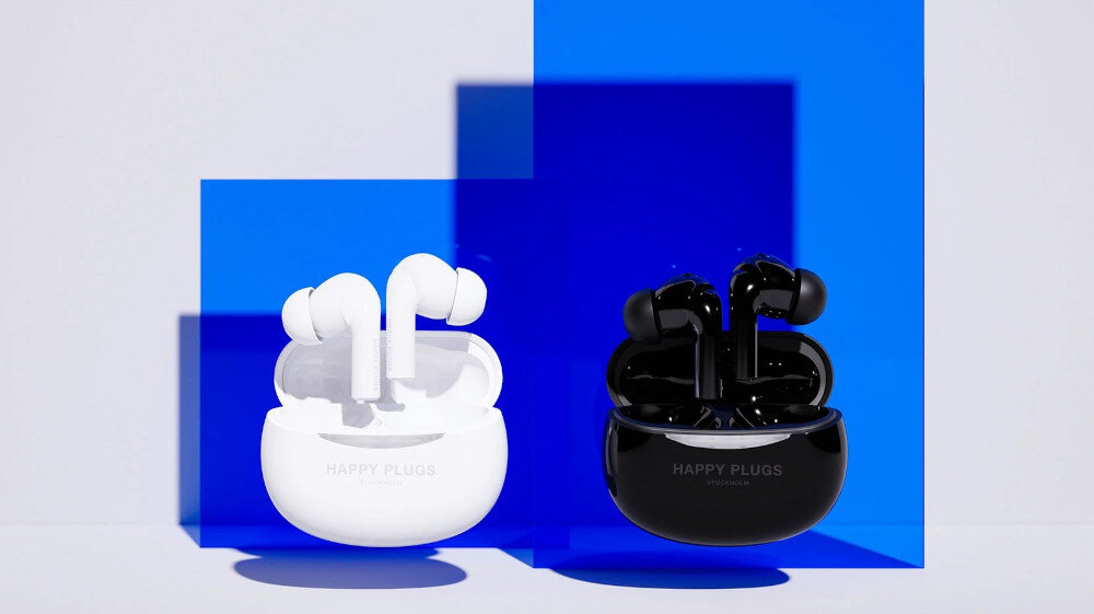 Słuchawki dokanałowe HAPPY PLUGS Joy Pro - Swoboda dzięki Bluetooth, słuchawki z etui ładującym na niebiesko-białym tle