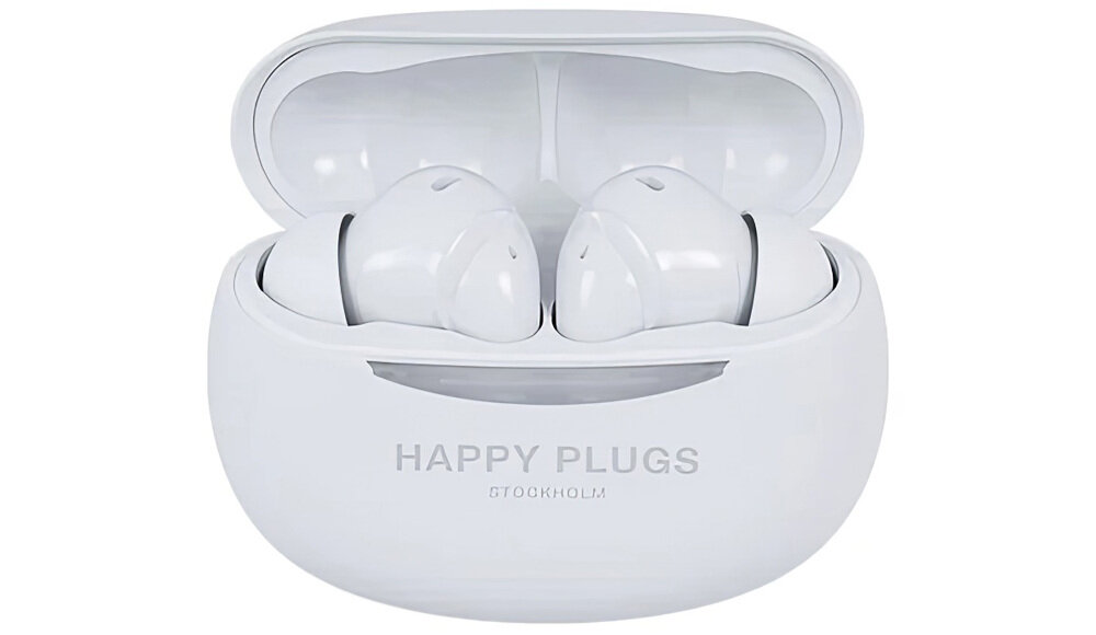 Słuchawki dokanałowe HAPPY PLUGS Joy Pro - Lekkość dla aktywnych, słuchawki z etui ładującym na białym tle