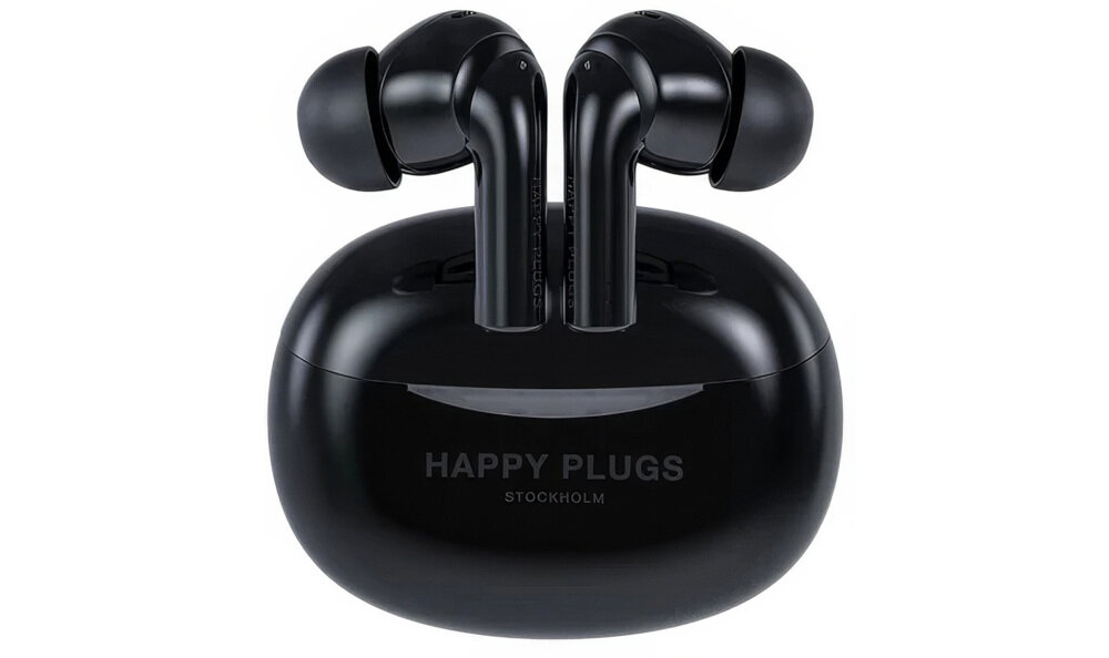 Słuchawki dokanałowe HAPPY PLUGS Joy Pro - Szybkość, która zaskakuje, słuchawki z etui ładującym na białym tle