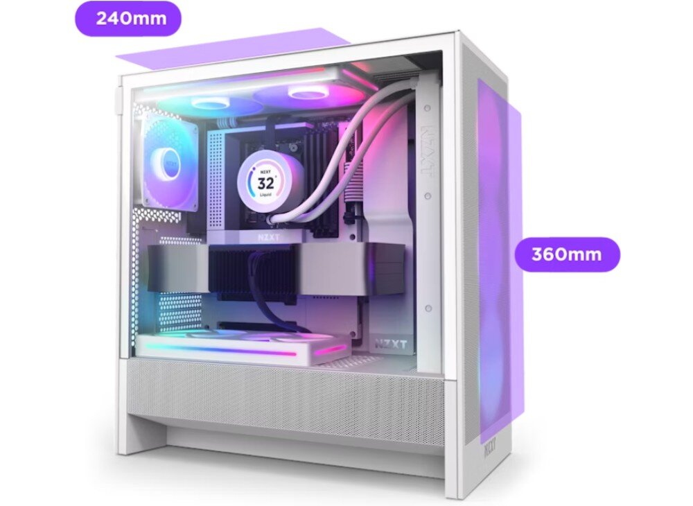Obudowa NZXT H5 Flow RGB Obudowa z widocznym chłodzeniem cieczą, przy którym oznaczono maksymalne rozmiary radiatorów: 240 mm na górze i 360 mm z przodu, chłodzenie wodne, radiatory, długość, komponenty