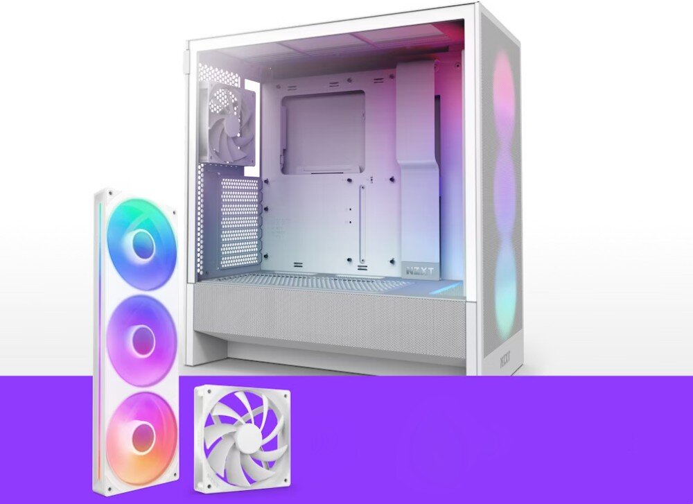 Obudowa NZXT H5 Flow RGB Obudowa zdemontowana z wentylatorami RGB ustawionymi obok, pokazująca pustą przestrzeń wewnętrzną i tylny wentylator, zamontowane wentylatory