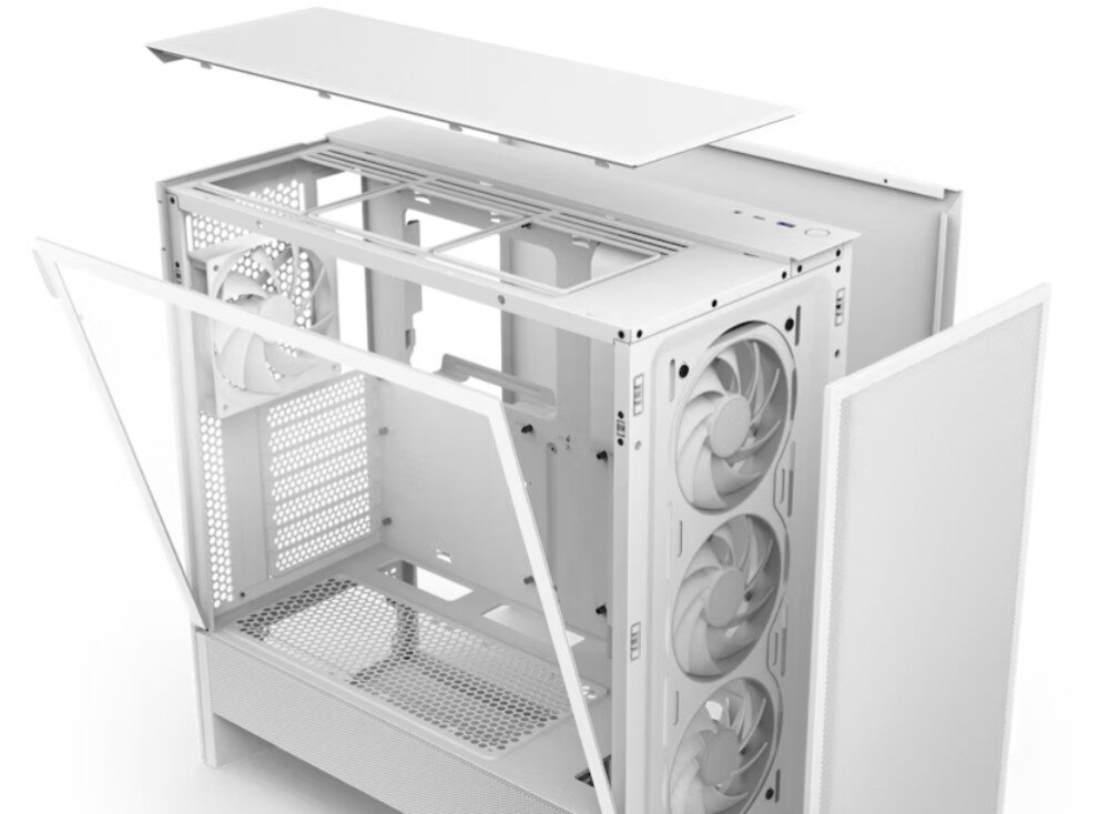 Obudowa NZXT H5 Flow RGB Obudowa z otwartymi panelami: przednim, górnym i bocznym, ukazująca zamontowane cztery wentylatory i pustą przestrzeń do instalacji podzespołów, montaż, kanały, rzepy