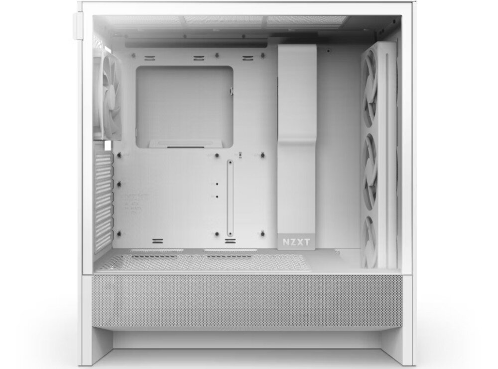 Obudowa NZXT H5 Flow RGB Widok z boku na pustą obudowę z zamontowanymi fabrycznie wentylatorami z przodu i z tyłu oraz przegrodą ukrywającą przewody i zasilacz, kompatybilność, płyty główne, porty